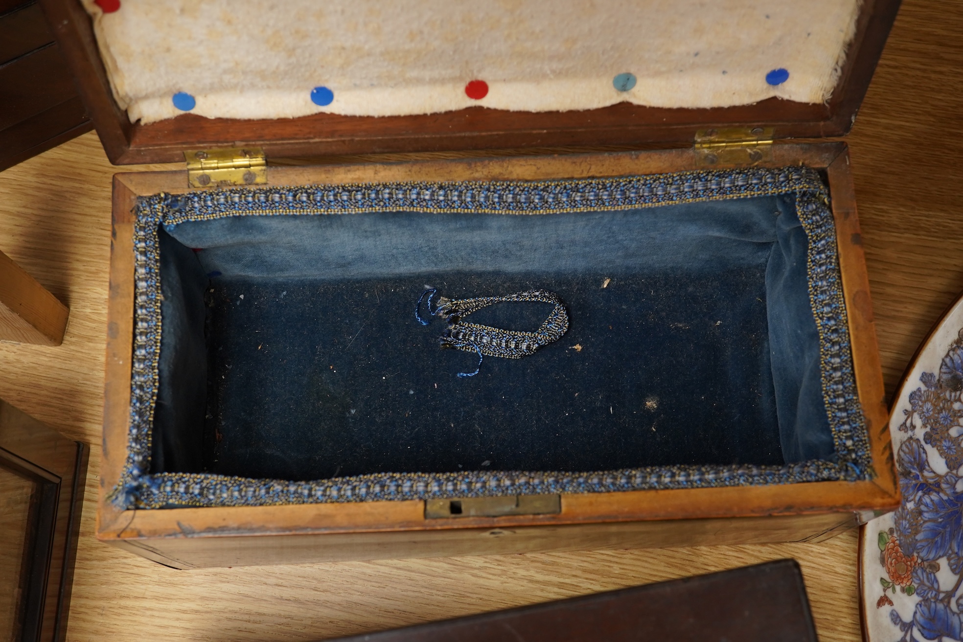 A group of five 19th-century boxes to include two artists paint boxes and a post box, largest 30cm wide